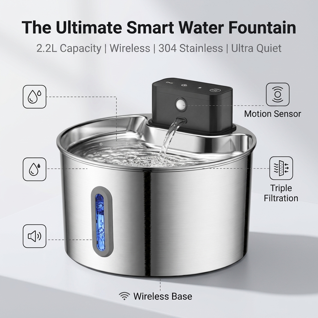 Wireless Pet Water Fountain Battery - Draadloze oplaadbare drinkfontein voor katten, met