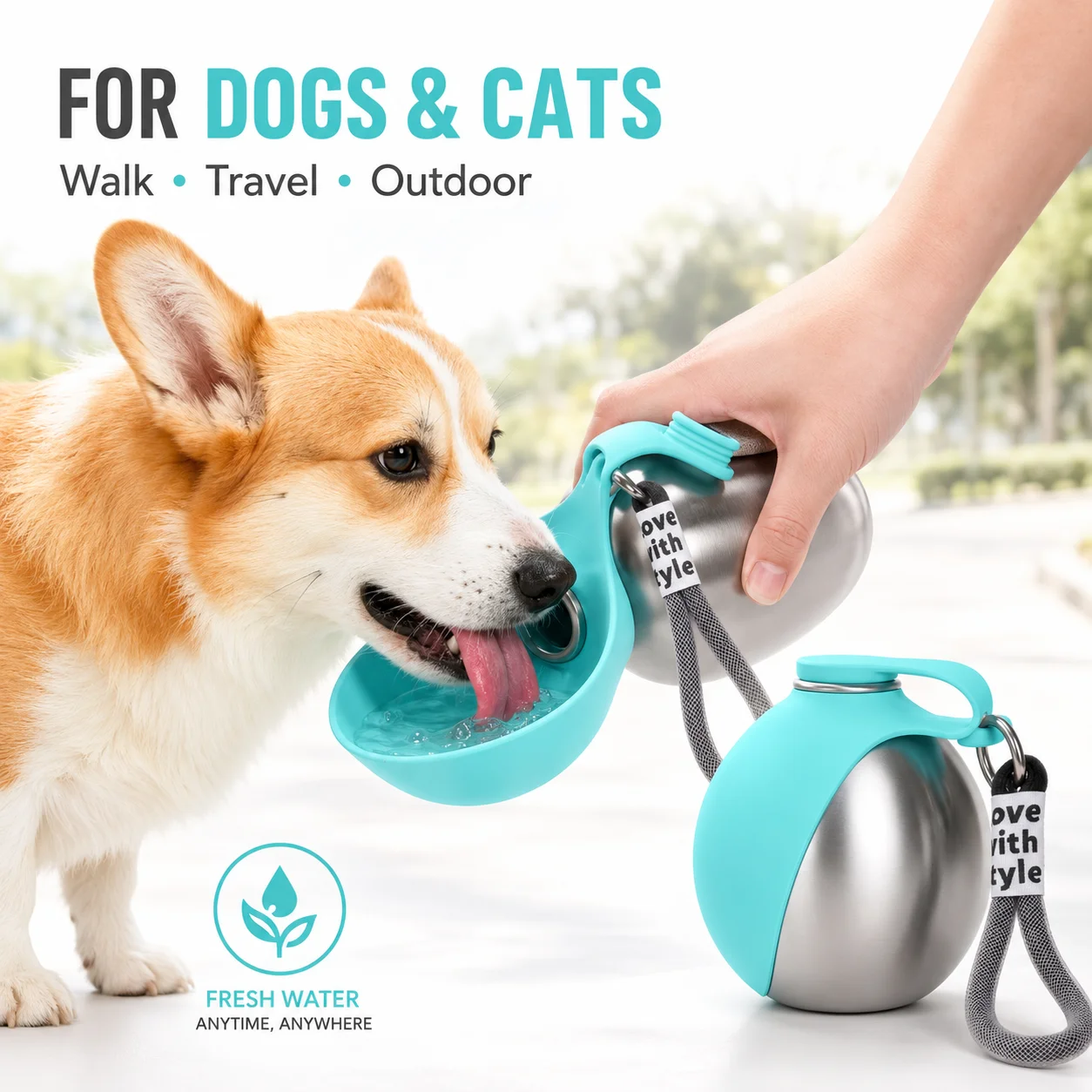 Pet Water Fountain Stainless Steel - 285ML draagbare, lekvrije waterfles voor honden,