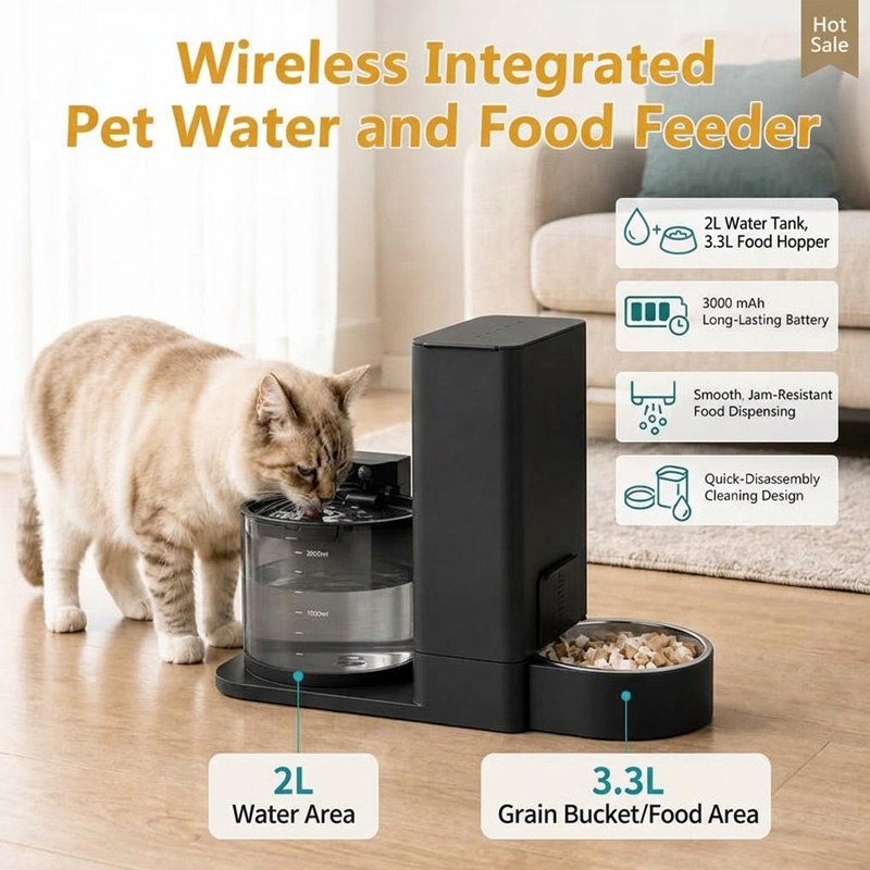 Wireless Pet Water Fountain Battery - Geïntegreerde voerbak voor huisdieren, 2-in-1 draadloze